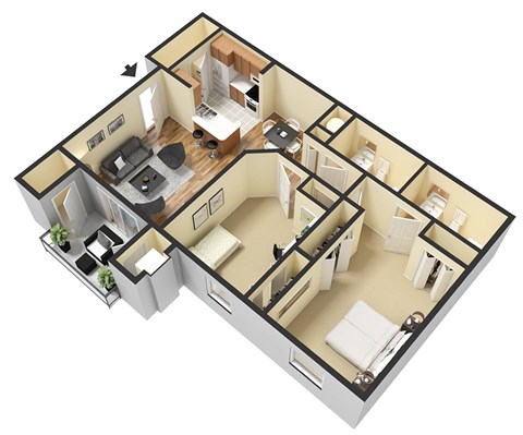 A 3D image of a house layout with a kitchen, living room, and bathroom.